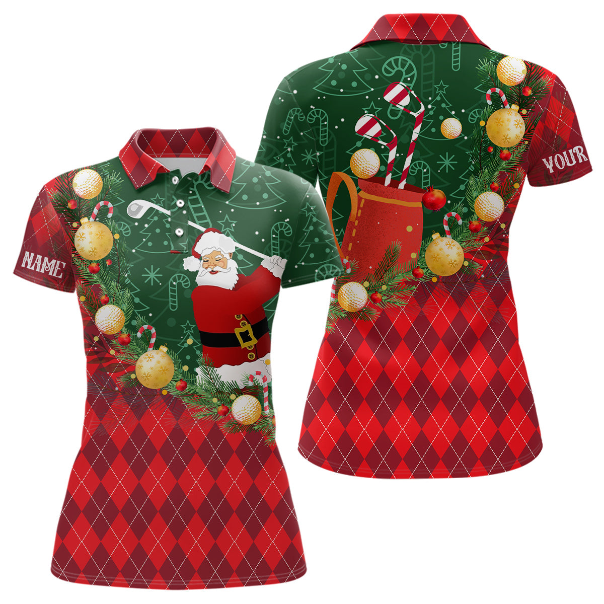 Christmas Santa Playing Golf Green and Red argyle pattern golf polo shirts Custom golf outfits
