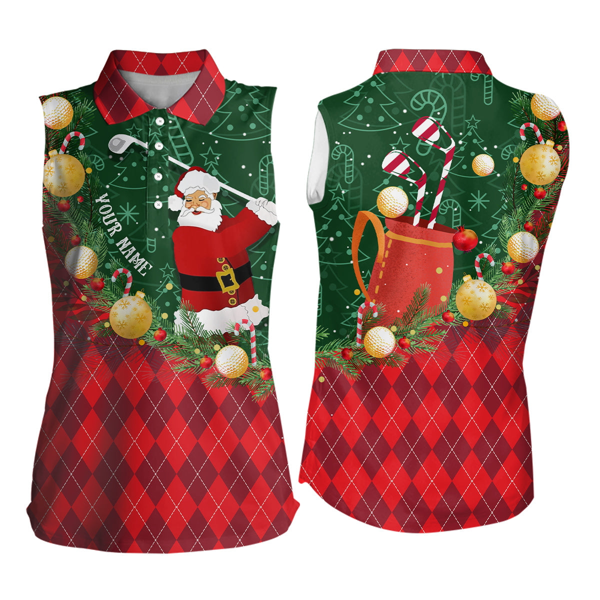 Christmas Santa Playing Golf Green and Red argyle pattern Sleeveless polo shirt Custom golf outfits