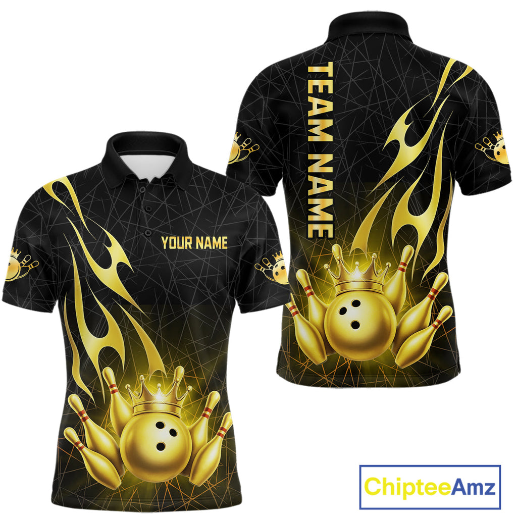 Black and Gold Flame Bowling Shirts Custom Bowling Team League Jersey, Gift For Bowler