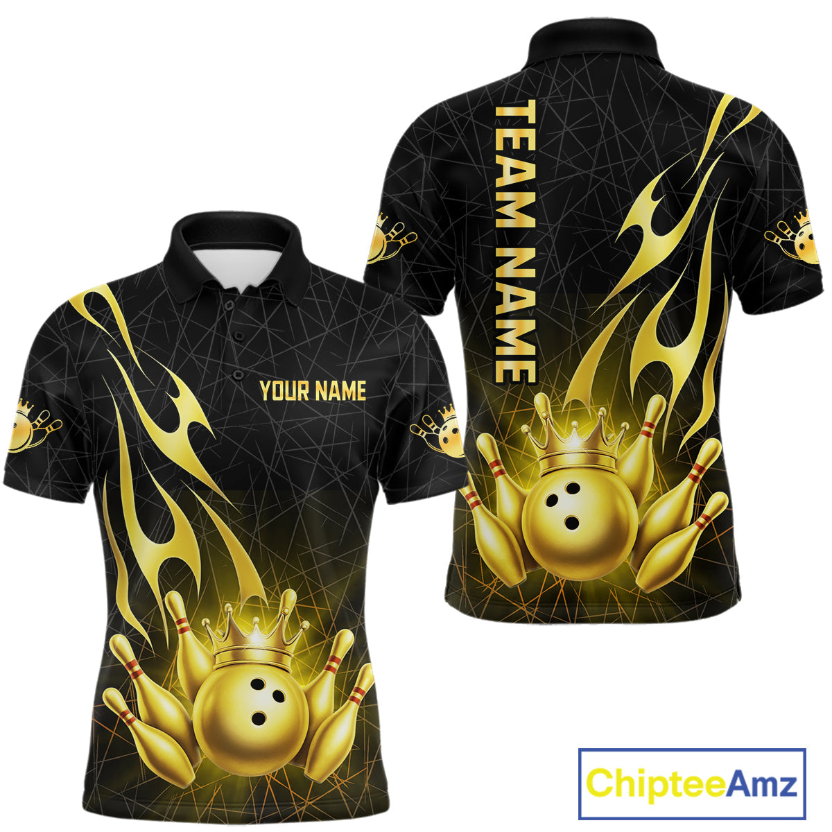 Black and Gold Flame Bowling Shirts Custom Bowling Team League Jersey, Gift For Bowler