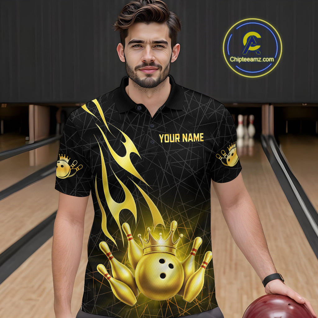 Black and Gold Flame Bowling Shirts Custom Bowling Team League Jersey, Gift For Bowler