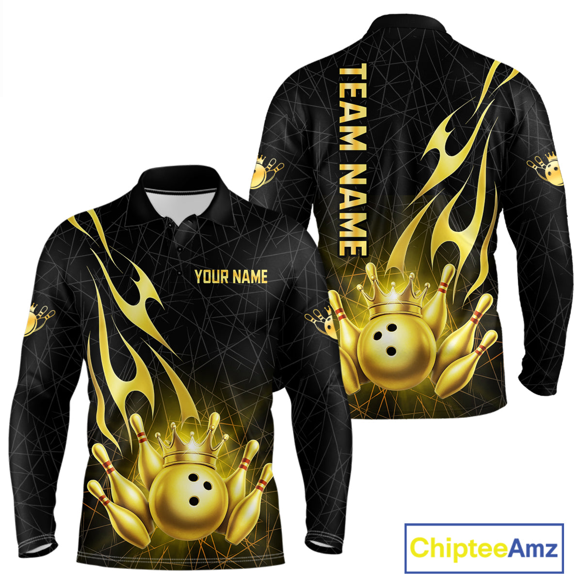 Black and Gold Flame Bowling Shirts Custom Bowling Team League Jersey, Gift For Bowler
