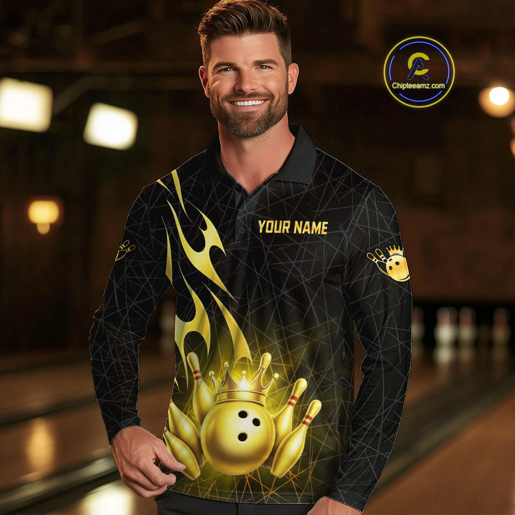 Black and Gold Flame Bowling Shirts Custom Bowling Team League Jersey, Gift For Bowler