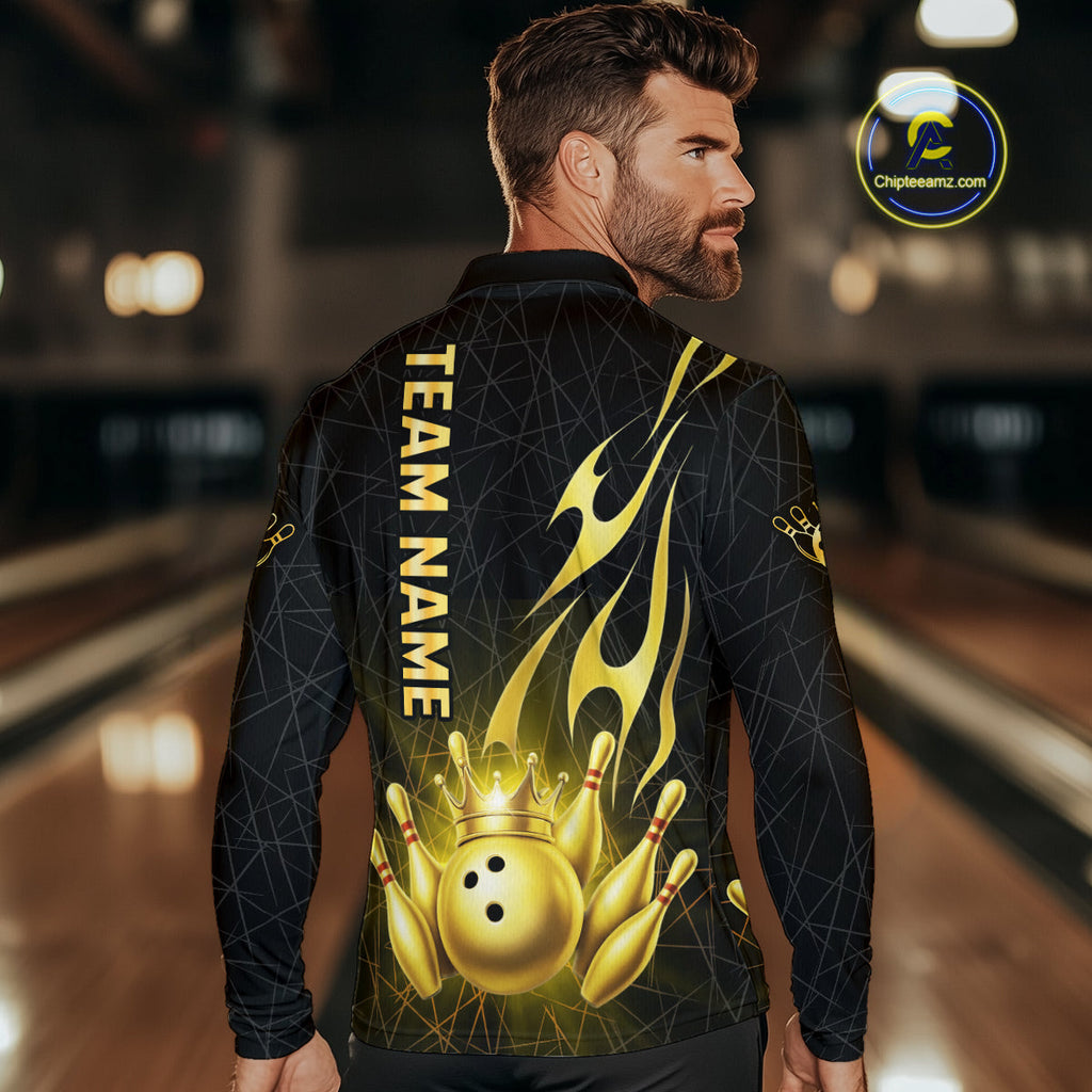 Black and Gold Flame Bowling Shirts Custom Bowling Team League Jersey, Gift For Bowler