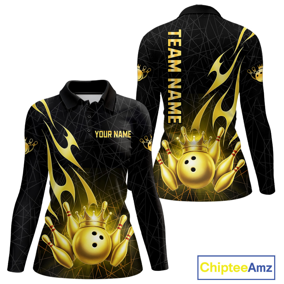 Black and Gold Flame Bowling Shirts Custom Bowling Team League Jersey, Gift For Bowler