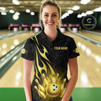 Black and Gold Flame Bowling Shirts Custom Bowling Team League Jersey, Gift For Bowler