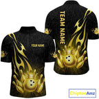 Black and Gold Flame Bowling Shirts Custom Bowling Team League Jersey, Gift For Bowler