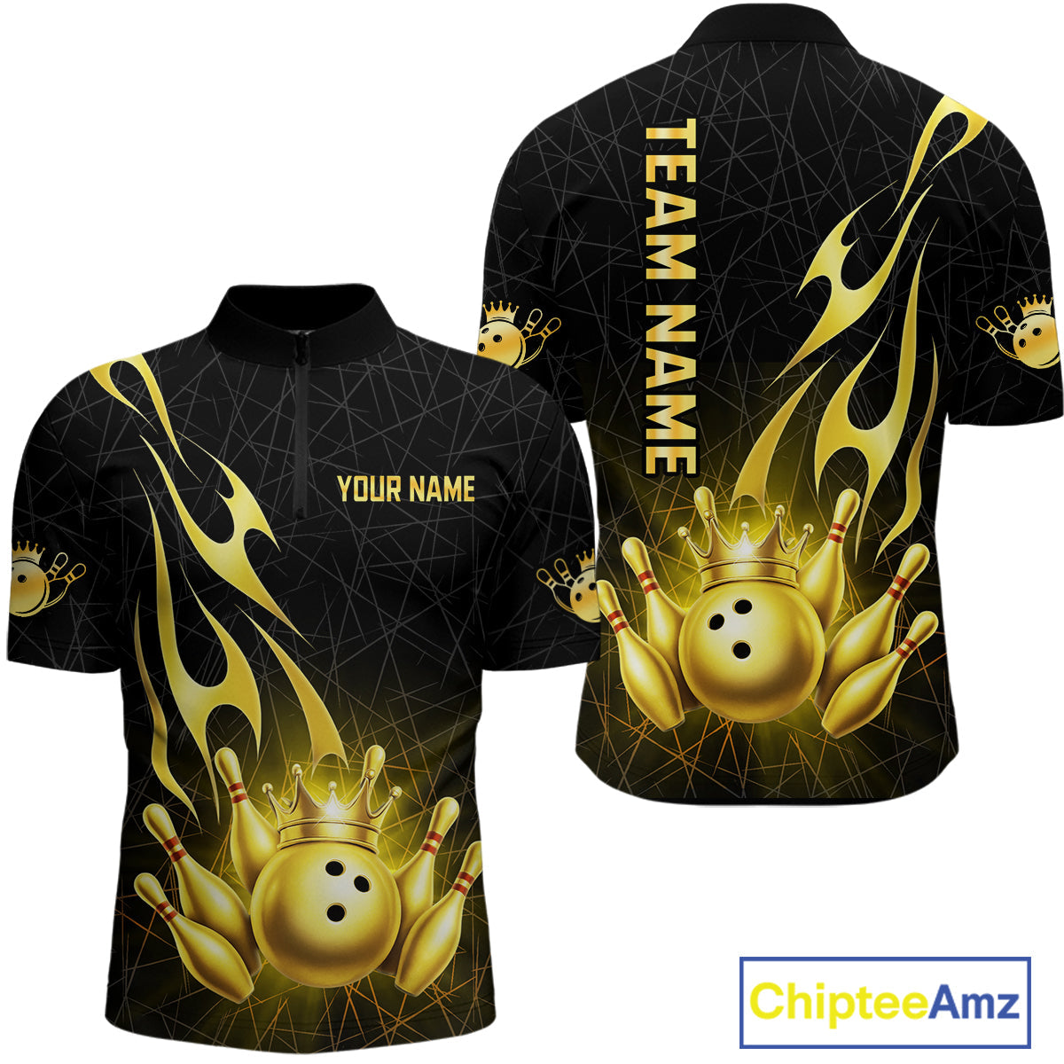 Black and Gold Flame Bowling Shirts Custom Bowling Team League Jersey, Gift For Bowler
