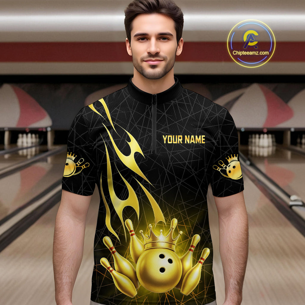 Black and Gold Flame Bowling Shirts Custom Bowling Team League Jersey, Gift For Bowler