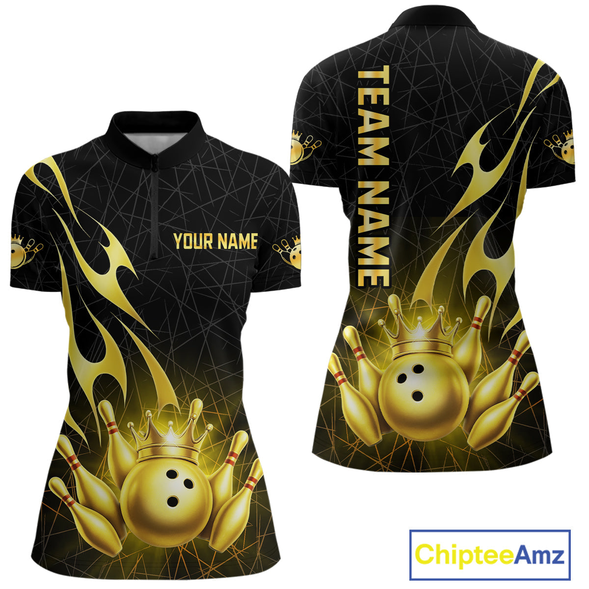 Black and Gold Flame Bowling Shirts Custom Bowling Team League Jersey, Gift For Bowler
