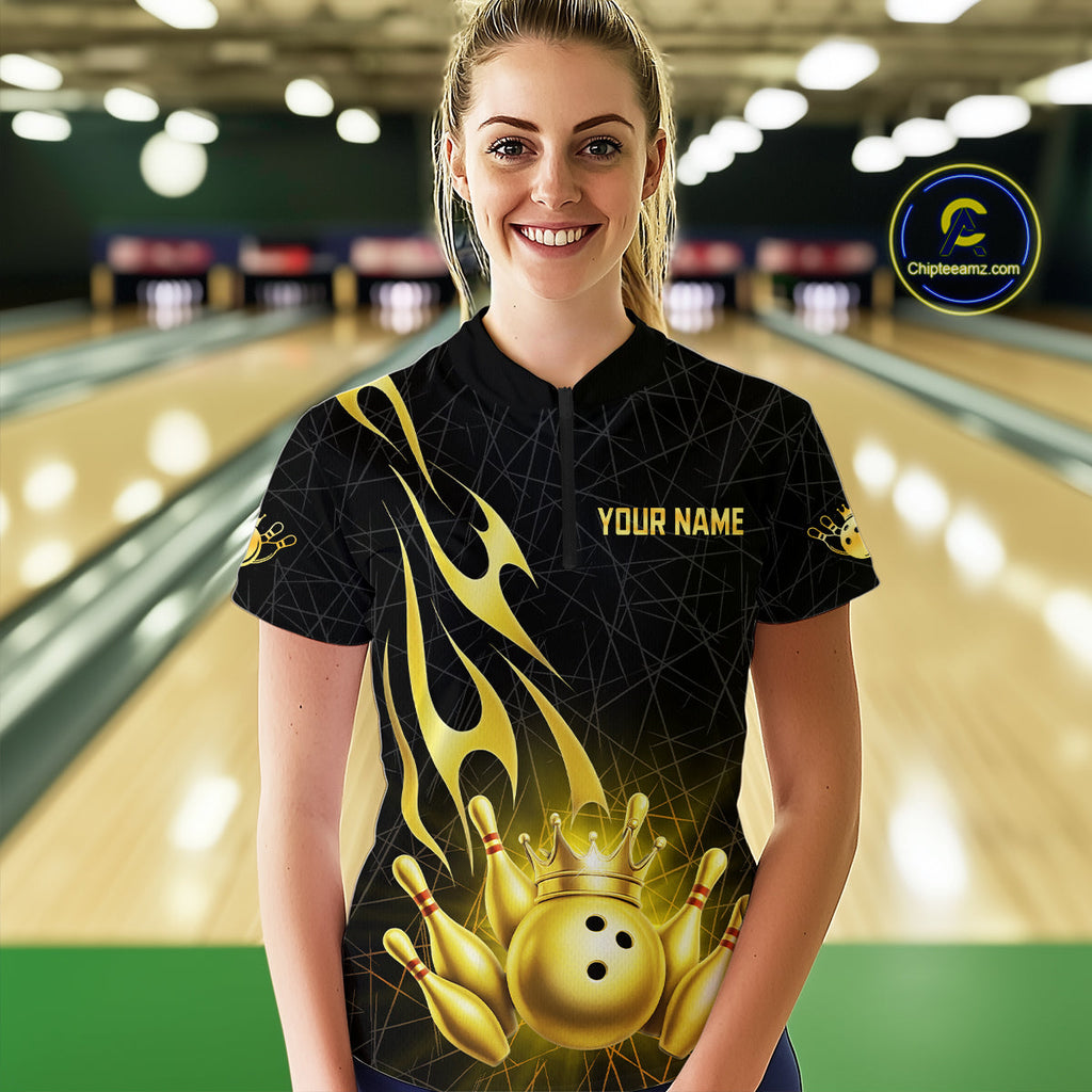 Black and Gold Flame Bowling Shirts Custom Bowling Team League Jersey, Gift For Bowler