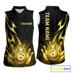 Black and Gold Flame Bowling Sleeveless Polo Shirt Custom Bowling Team League Jersey, Gift For Bowler