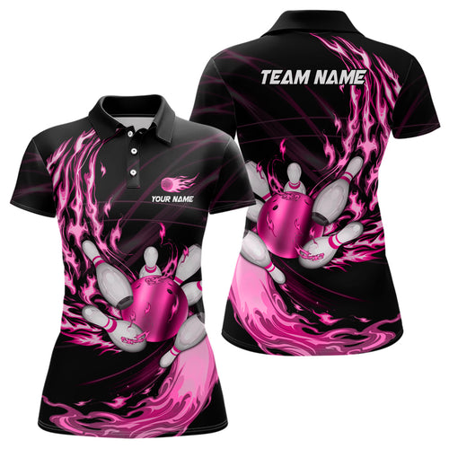Black bowling shirts Custom Pink flame Bowling ball and pins Team league bowler Jerseys