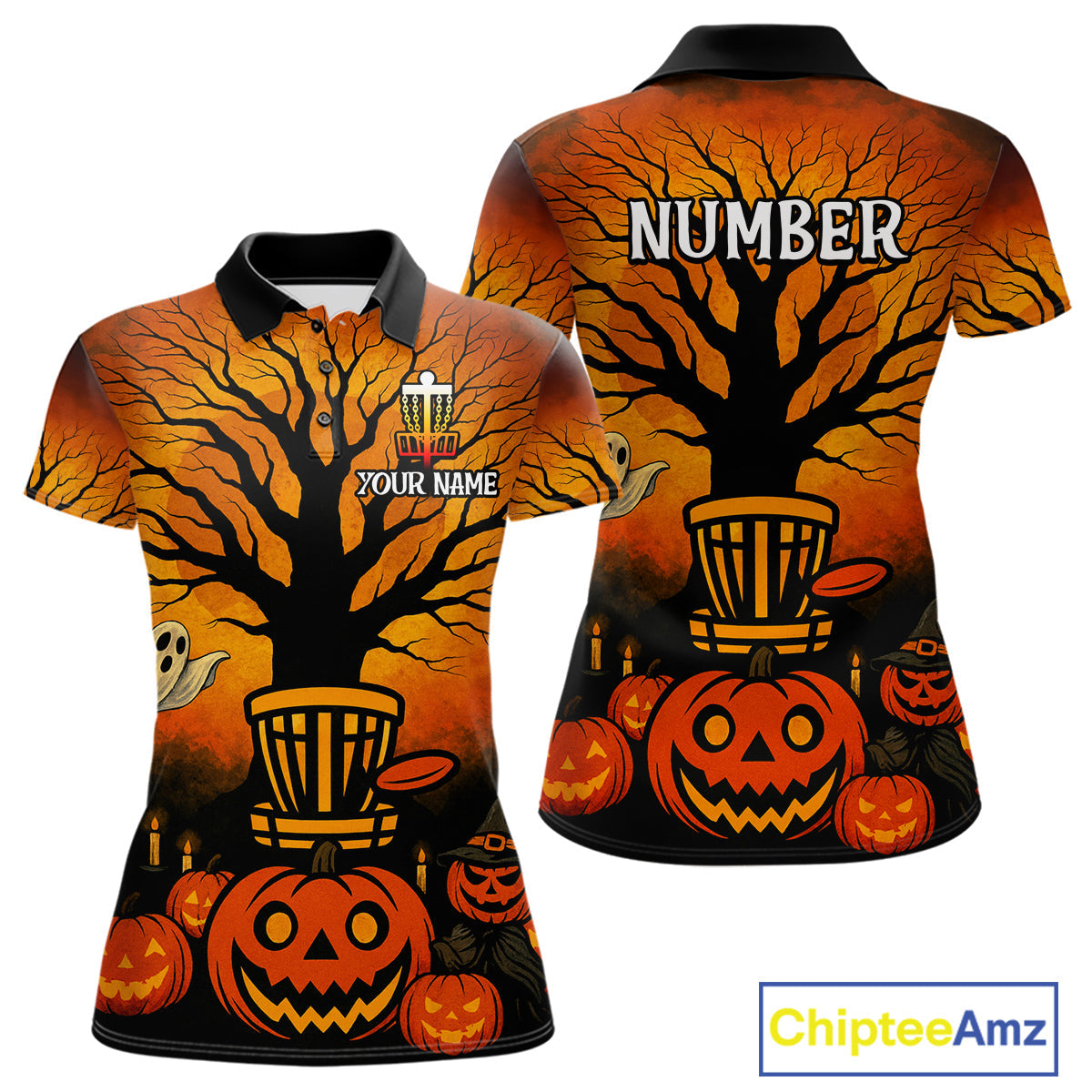Black and Orange Funny pumpkin Halloween disc golf polo shirts Custom Team Disc Golf attire