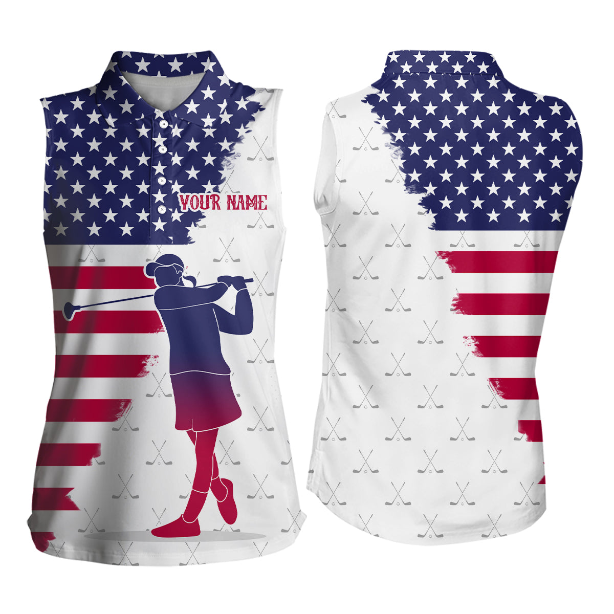 Red, White & Blue American Flag Sleeveless Polo Shirt Custom patriotic golf attire
