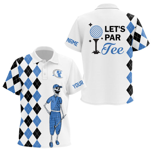 Black and blue argyle pattern golf polo shirts custom Let's par tee skull golf gifts