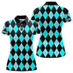 golf polo shirts custom Cyan Blue and black argyle plaid pattern golf attire