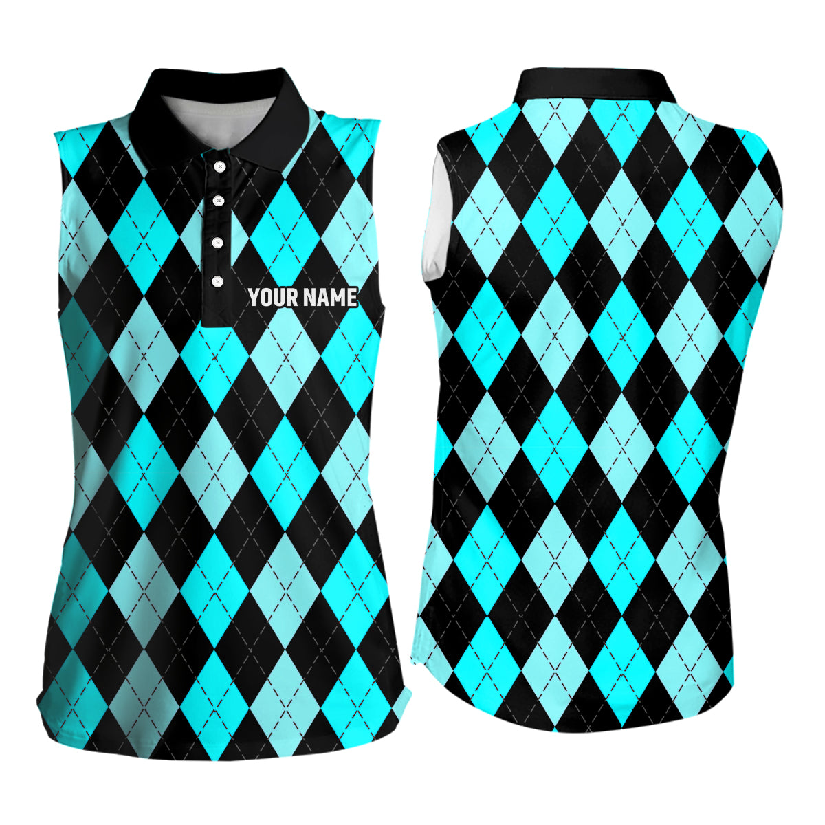 sleeveless polo shirt custom Cyan Blue and black argyle plaid pattern golf attire