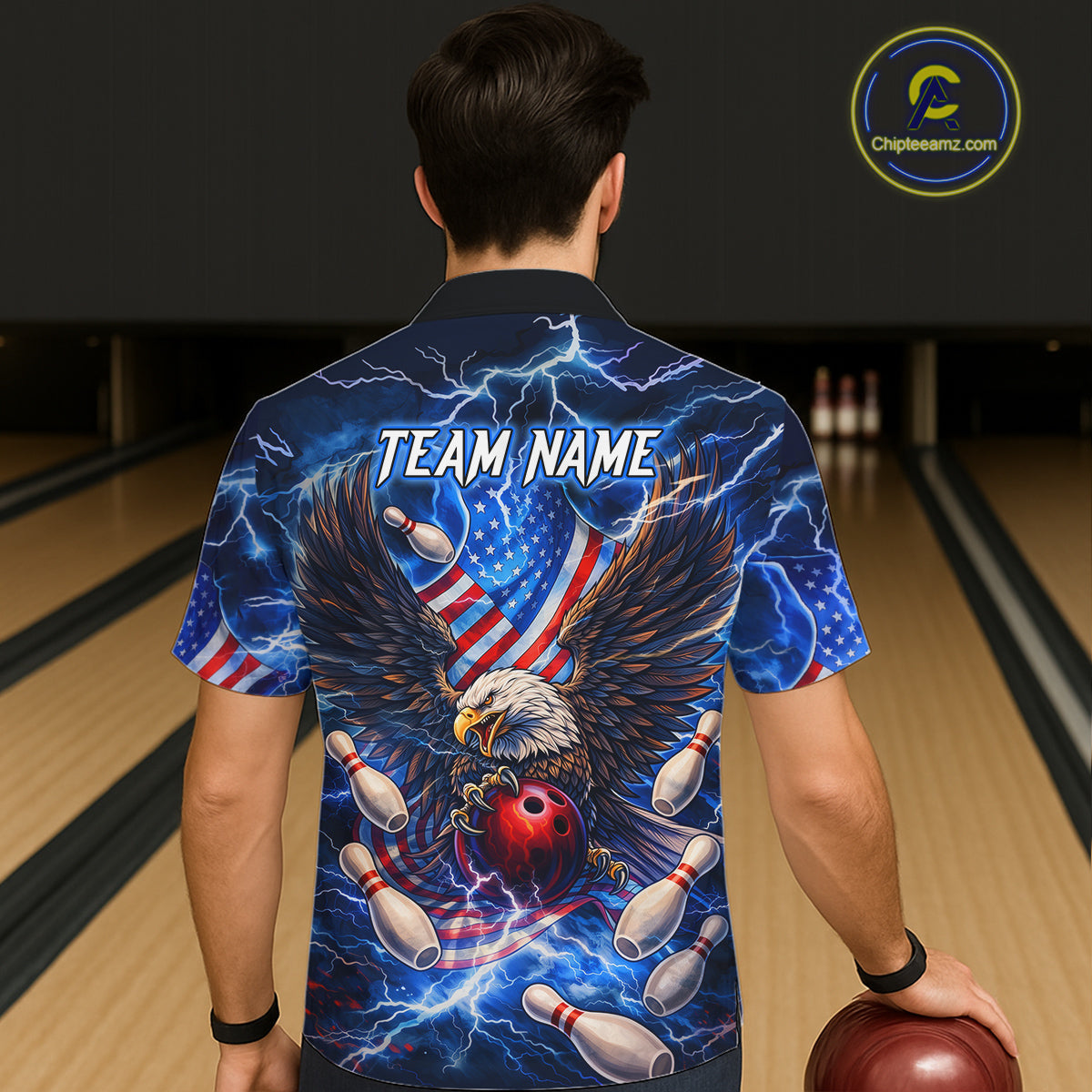 US Flag Eagle Bowling Hawaiian Shirt Custom Blue Lightning Thunder Patriotic Team Bowling Jerseys