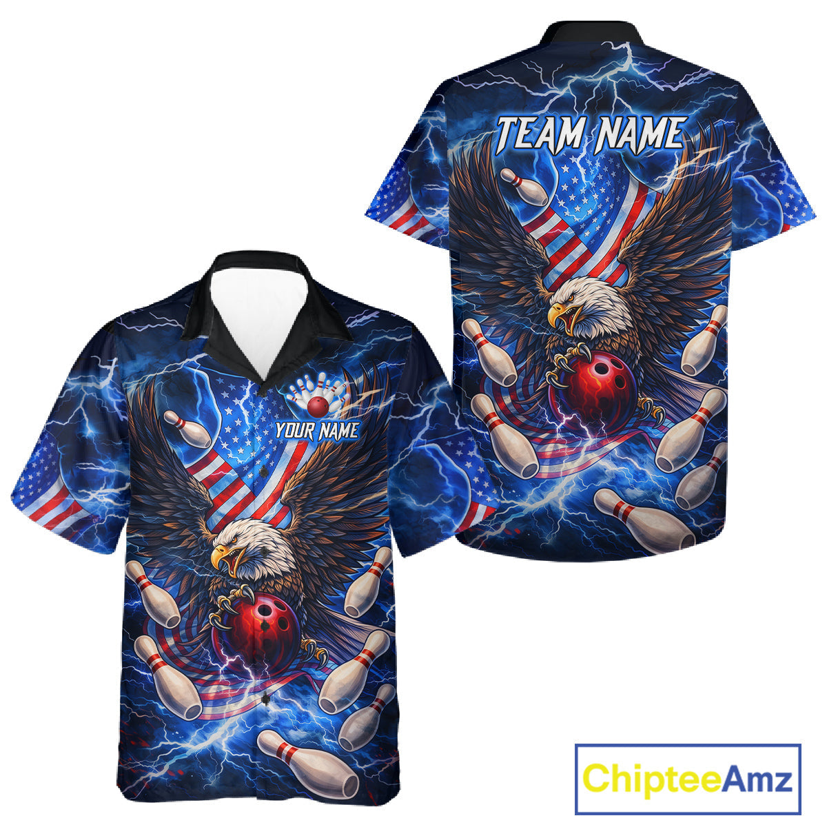 US Flag Eagle Bowling Hawaiian Shirt Custom Blue Lightning Thunder Patriotic Team Bowling Jerseys