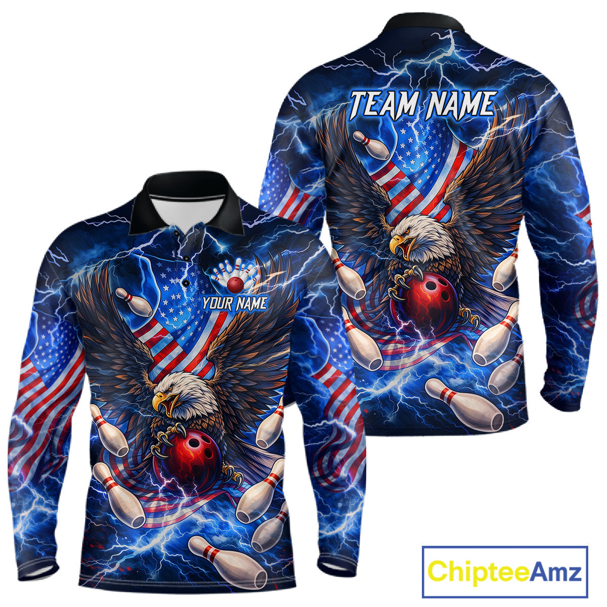 US Flag Eagle Bowling Shirts Custom Blue Lightning Thunder Patriotic Team Bowling Jerseys