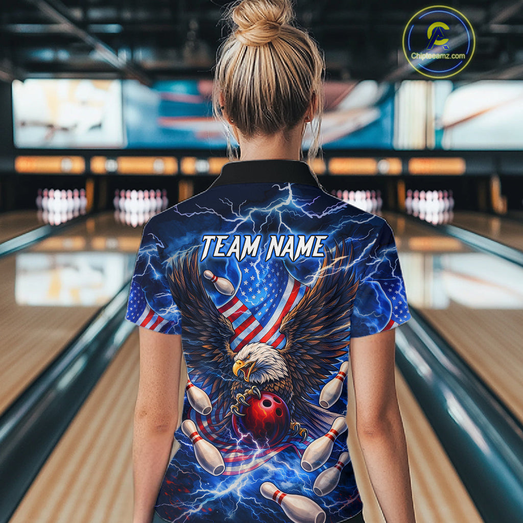 US Flag Eagle Bowling Shirts Custom Blue Lightning Thunder Patriotic Team Bowling Jerseys