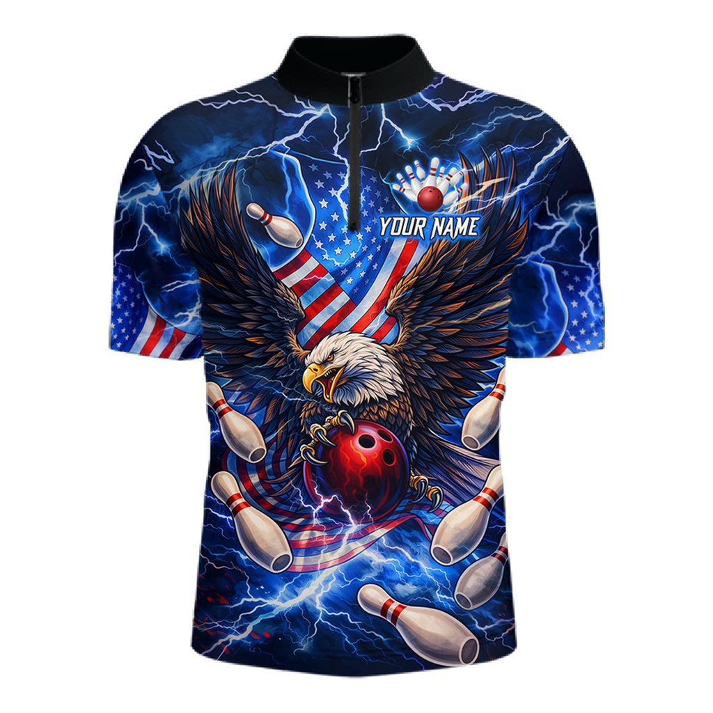 US Flag Eagle Bowling Shirts Custom Blue Lightning Thunder Patriotic Team Bowling Jerseys