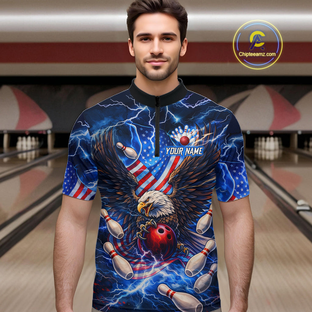 US Flag Eagle Bowling Shirts Custom Blue Lightning Thunder Patriotic Team Bowling Jerseys
