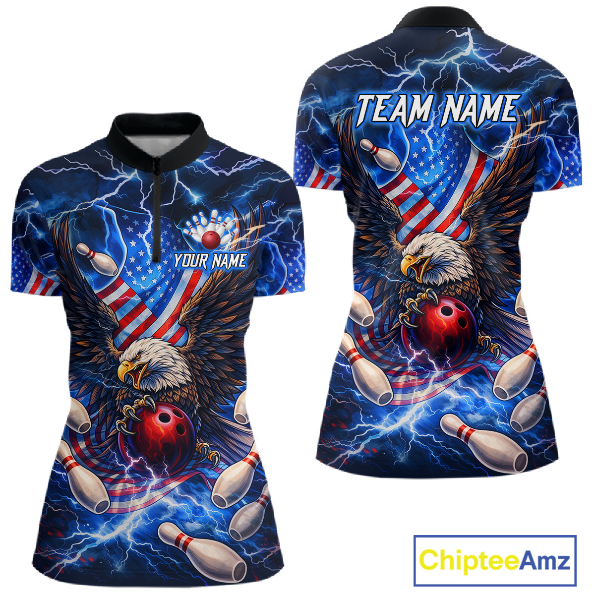 US Flag Eagle Bowling Shirts Custom Blue Lightning Thunder Patriotic Team Bowling Jerseys