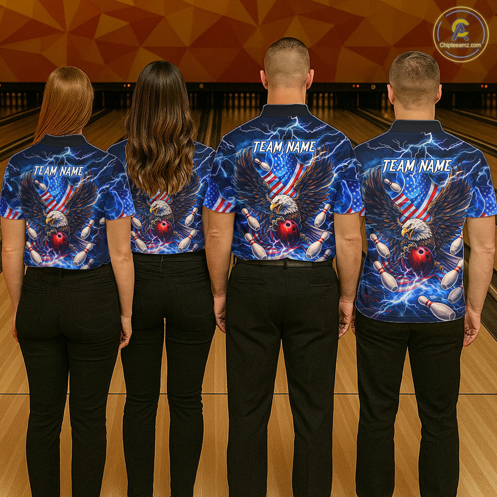 US Flag Eagle Bowling Shirts Custom Blue Lightning Thunder Patriotic Team Bowling Jerseys