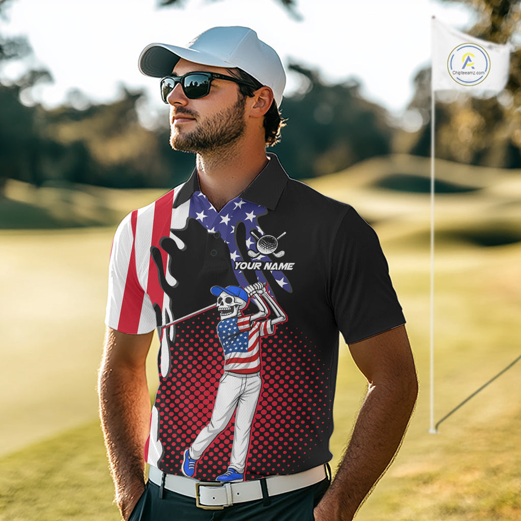 Personalized US flag golf shirts skull funny golf shirts custom patriotic golf outfit
