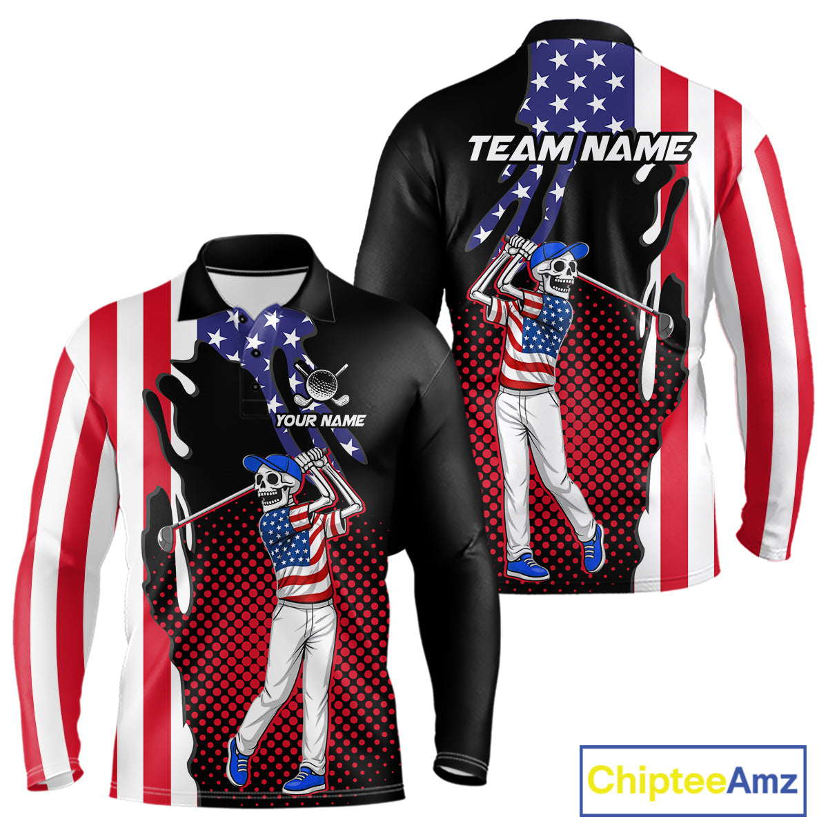 Personalized US flag golf shirts skull funny golf shirts custom patriotic golf outfit