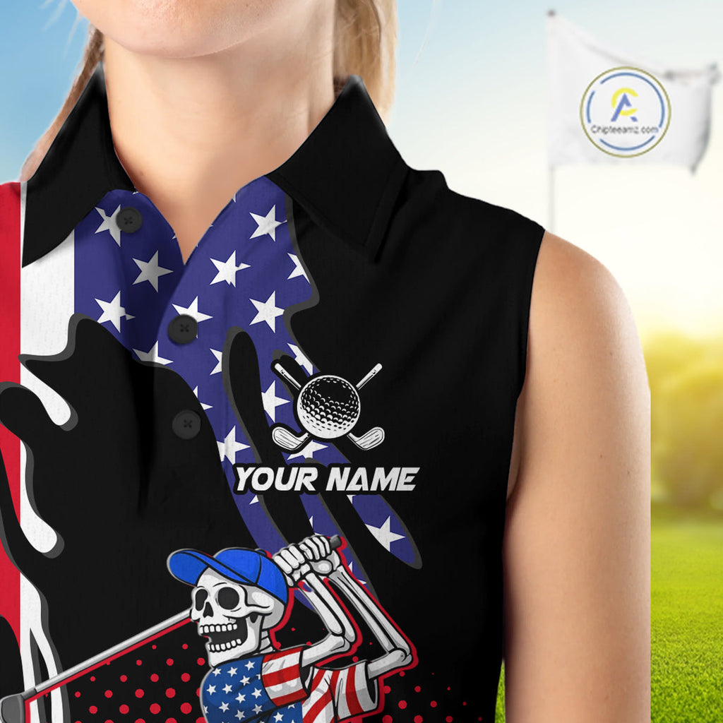 Personalized US flag golf shirts funny skull golf shirts sleeveless custom golf apparel