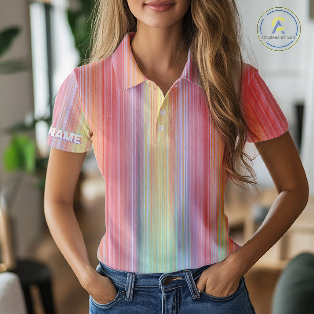 Colorful rainbow stripe pattern golf polo shirt custom best golf apparel