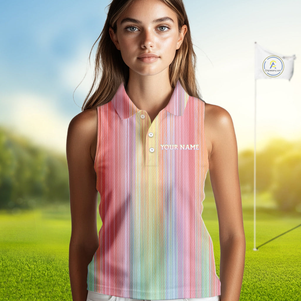 Colorful rainbow stripe pattern Sleeveless polo shirt custom best golf apparel