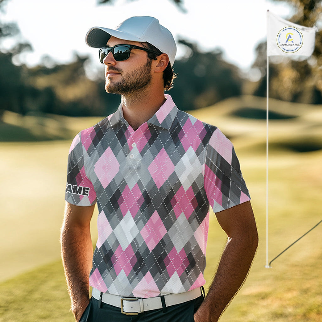 Pink argyle pattern golf polo shirt custom best team golf shirts, golfing gifts