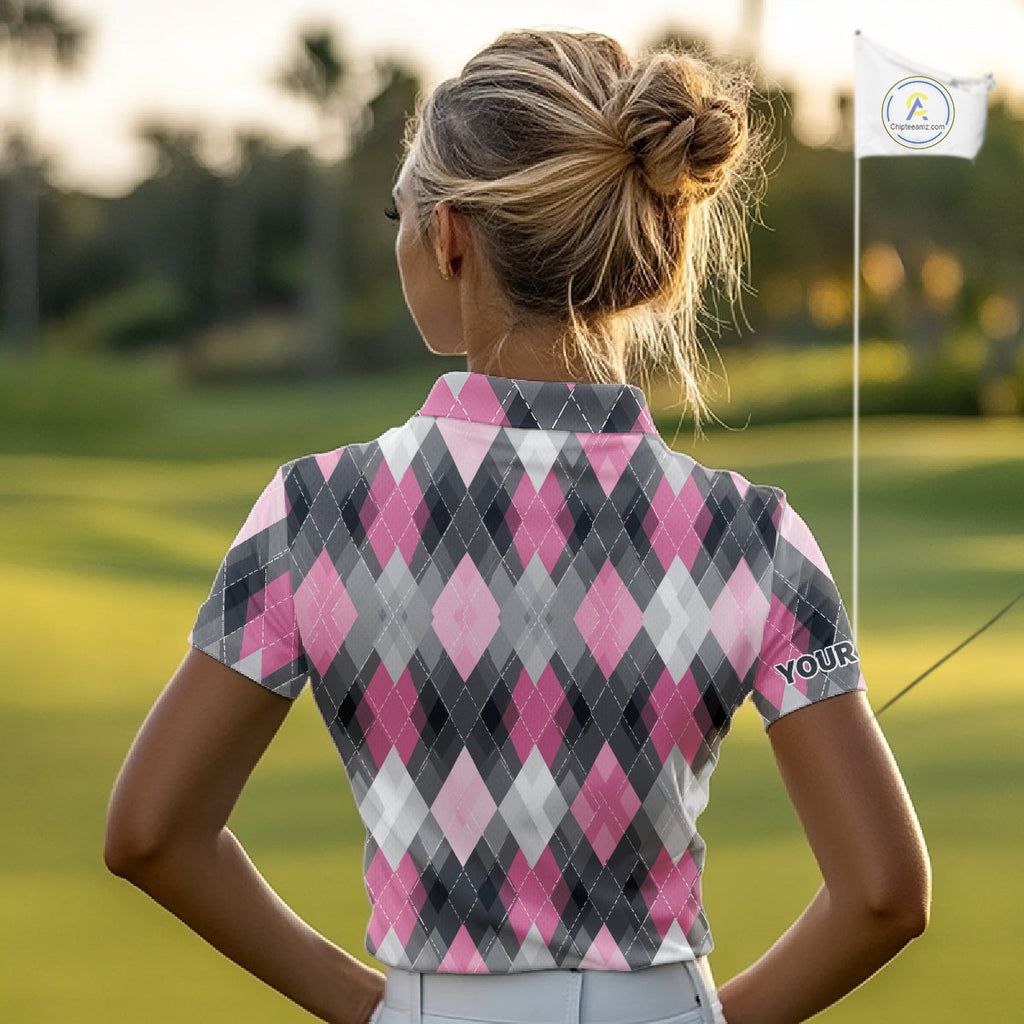 Pink argyle pattern golf polo shirt custom best team golf shirts, golfing gifts