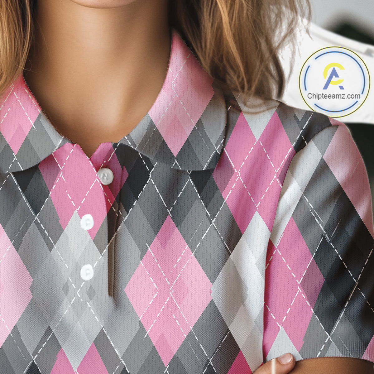 Pink argyle pattern golf polo shirt custom best team golf shirts, golfing gifts