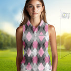 Pink argyle pattern Sleeveless polo shirt custom best team golf shirts, golfing gifts