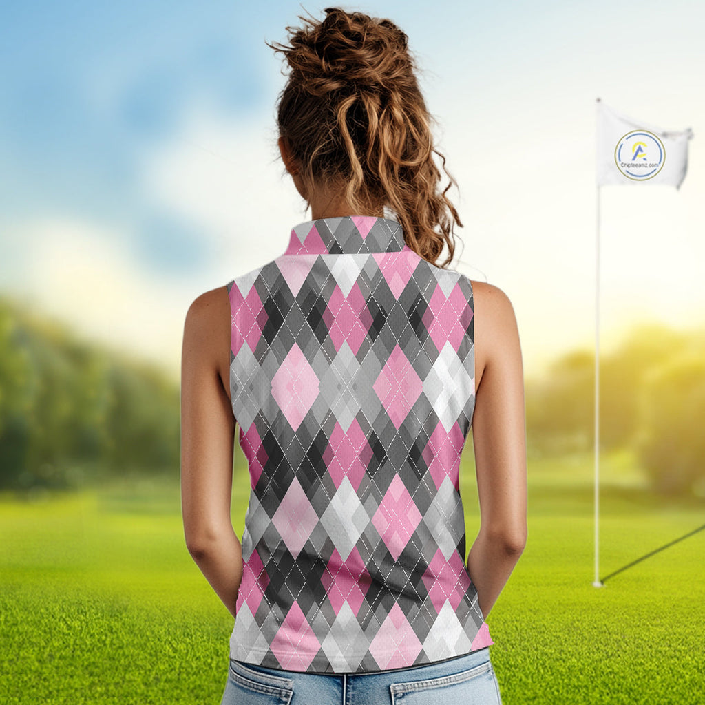 Pink argyle pattern Sleeveless polo shirt custom best team golf shirts, golfing gifts