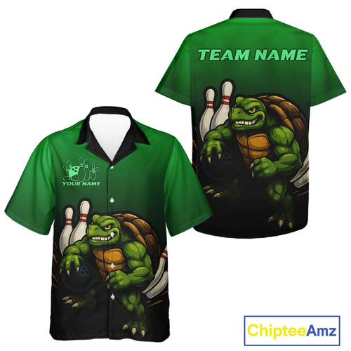 Custom Green Turtle Bowling Hawaiian Shirt, tournament Team Hawaiian league bowling shirts
