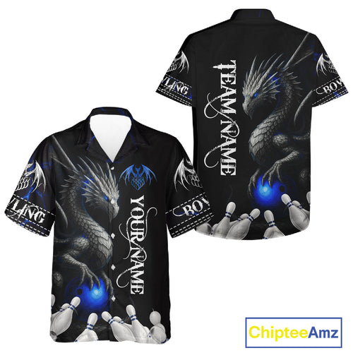 Black And Blue Dragon Bowling Hawaiian Shirt Custom Dragon Bowling Team League Jersey