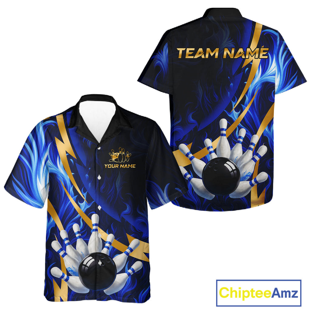 Personalized Bowling Hawaiian Shirt Custom Blue Flame and Gold Bowling Team Button Up Shirt