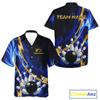 Personalized Bowling Hawaiian Shirt Custom Blue Flame and Gold Bowling Team Button Up Shirt