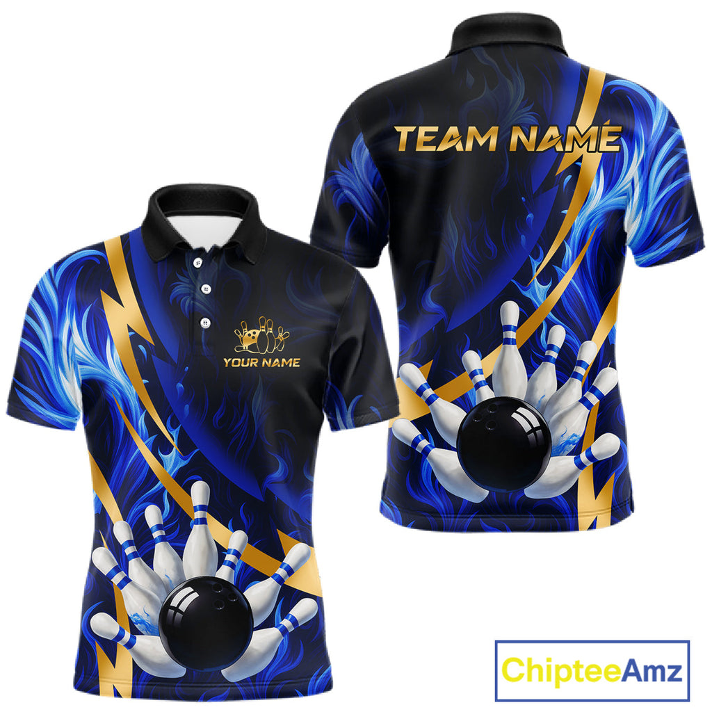 Personalized Bowling Polo, Quarter Zip Shirts Custom Blue Flame and Gold Bowling Team Jersey
