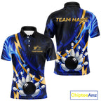 Personalized Bowling Polo, Quarter Zip Shirts Custom Blue Flame and Gold Bowling Team Jersey