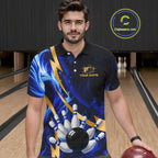 Personalized Bowling Polo, Quarter Zip Shirts Custom Blue Flame and Gold Bowling Team Jersey