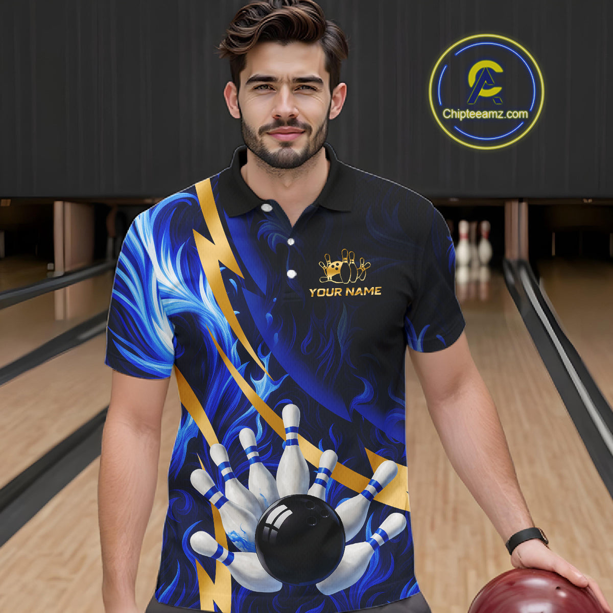 Personalized Bowling Polo, Quarter Zip Shirts Custom Blue Flame and Gold Bowling Team Jersey