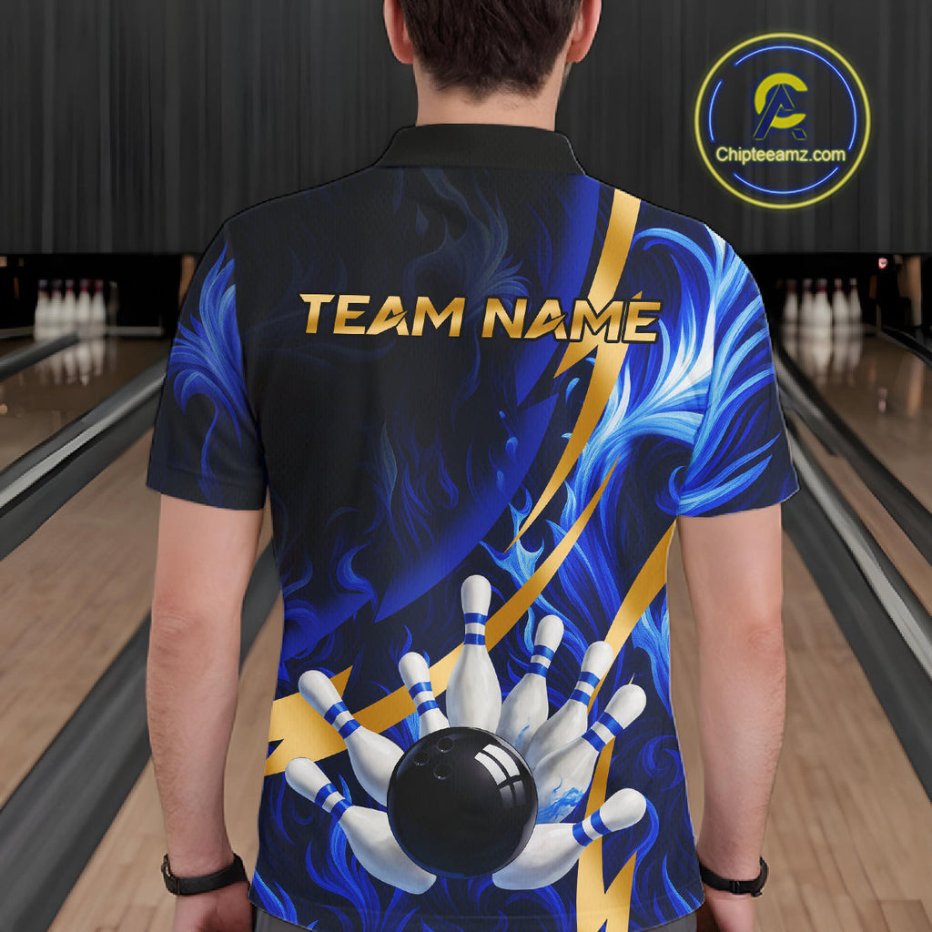 Personalized Bowling Polo, Quarter Zip Shirts Custom Blue Flame and Gold Bowling Team Jersey