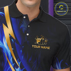 Personalized Bowling Polo, Quarter Zip Shirts Custom Blue Flame and Gold Bowling Team Jersey